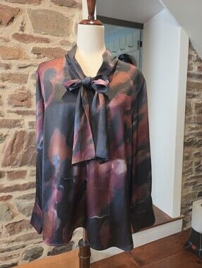 Misook Womens Tie-Neck Satin Blouse in Black, Birgundy And Rust Colors